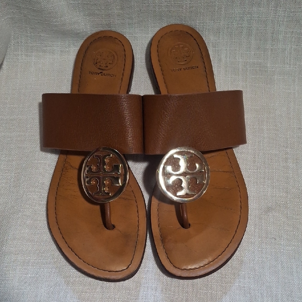 Tory Burch Tan Brown Leather Slide Sandals with Gold Logo Size 9.5